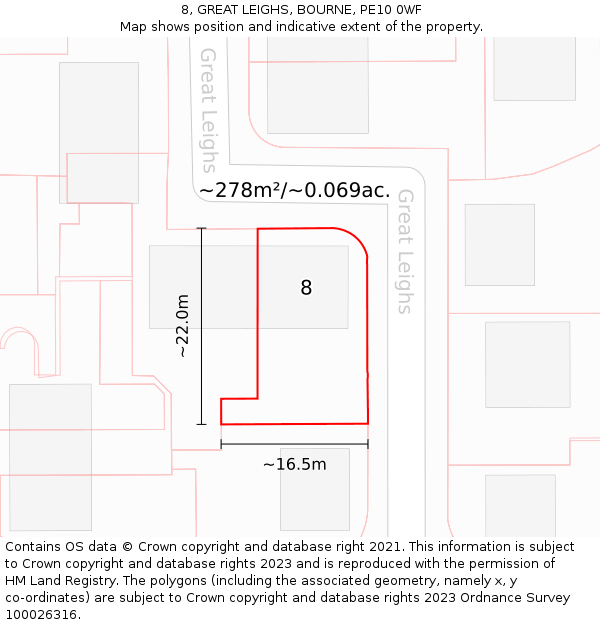 8, GREAT LEIGHS, BOURNE, PE10 0WF: Plot and title map