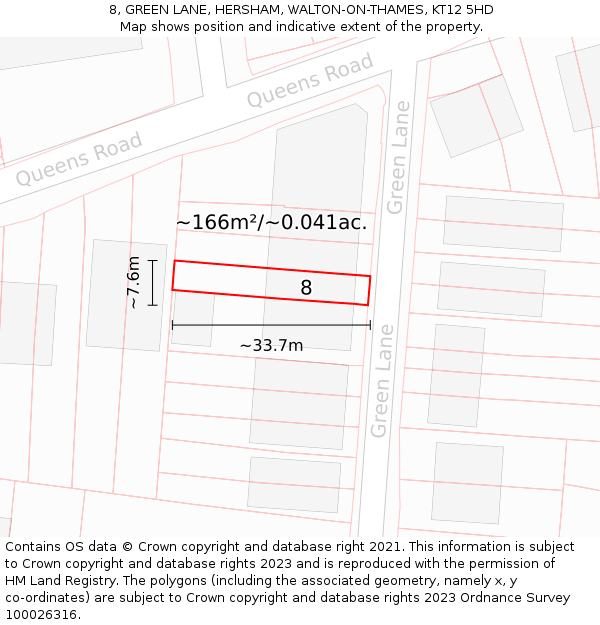 8, GREEN LANE, HERSHAM, WALTON-ON-THAMES, KT12 5HD: Plot and title map