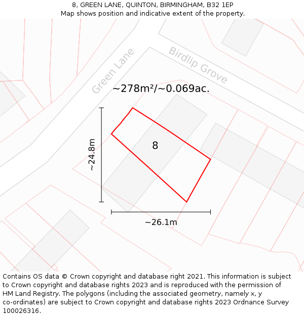 8, GREEN LANE, QUINTON, BIRMINGHAM, B32 1EP: Plot and title map