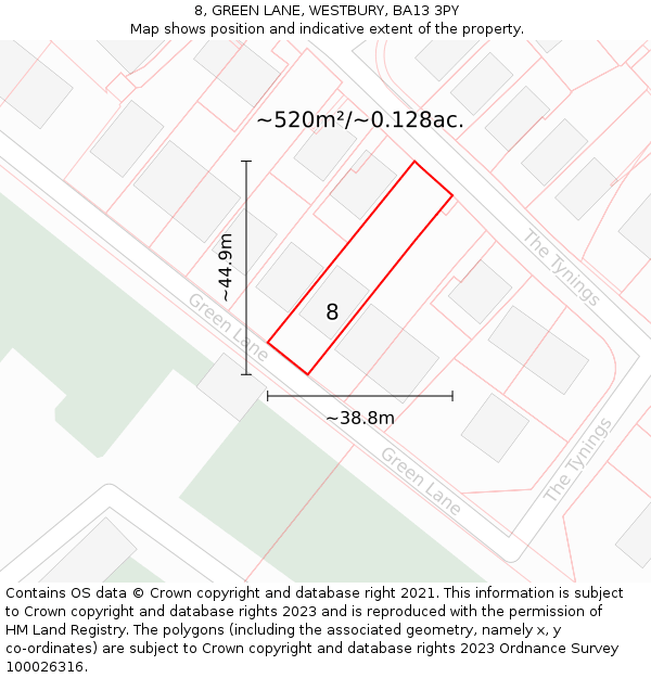 8, GREEN LANE, WESTBURY, BA13 3PY: Plot and title map