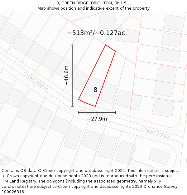 8, GREEN RIDGE, BRIGHTON, BN1 5LL: Plot and title map