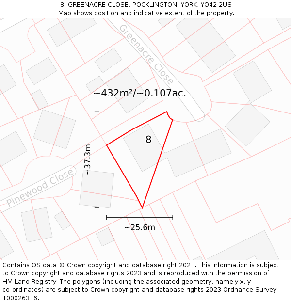 8, GREENACRE CLOSE, POCKLINGTON, YORK, YO42 2US: Plot and title map