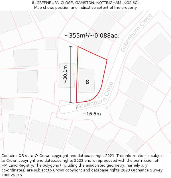 8, GREENBURN CLOSE, GAMSTON, NOTTINGHAM, NG2 6QL: Plot and title map