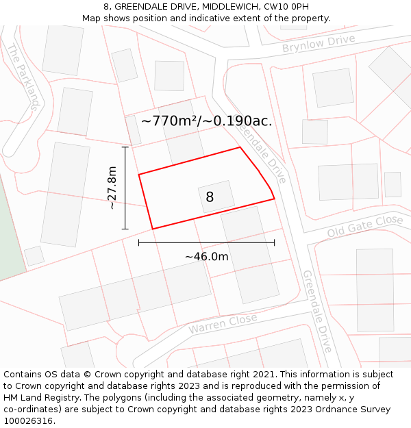 8, GREENDALE DRIVE, MIDDLEWICH, CW10 0PH: Plot and title map