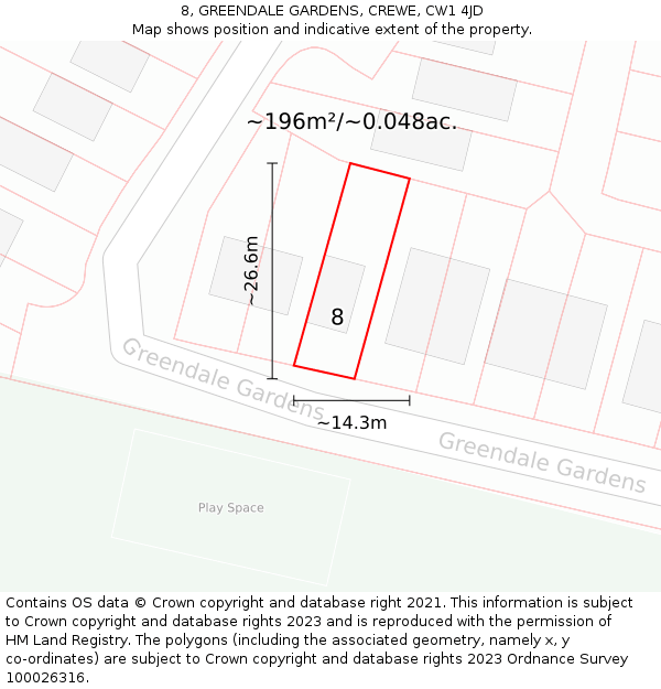 8, GREENDALE GARDENS, CREWE, CW1 4JD: Plot and title map