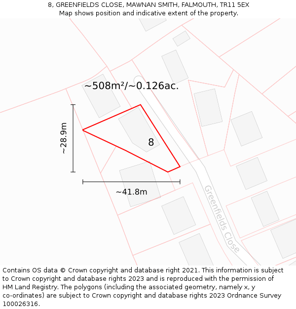 8, GREENFIELDS CLOSE, MAWNAN SMITH, FALMOUTH, TR11 5EX: Plot and title map