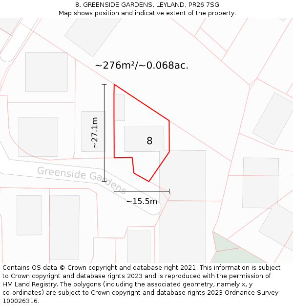 8, GREENSIDE GARDENS, LEYLAND, PR26 7SG: Plot and title map