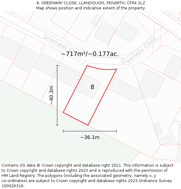 8, GREENWAY CLOSE, LLANDOUGH, PENARTH, CF64 2LZ: Plot and title map