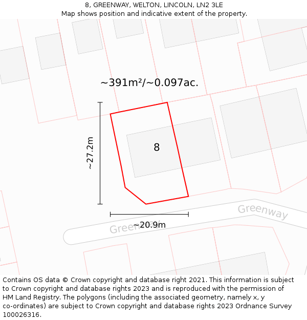 8, GREENWAY, WELTON, LINCOLN, LN2 3LE: Plot and title map