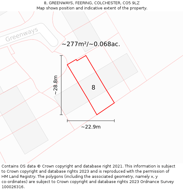 8, GREENWAYS, FEERING, COLCHESTER, CO5 9LZ: Plot and title map