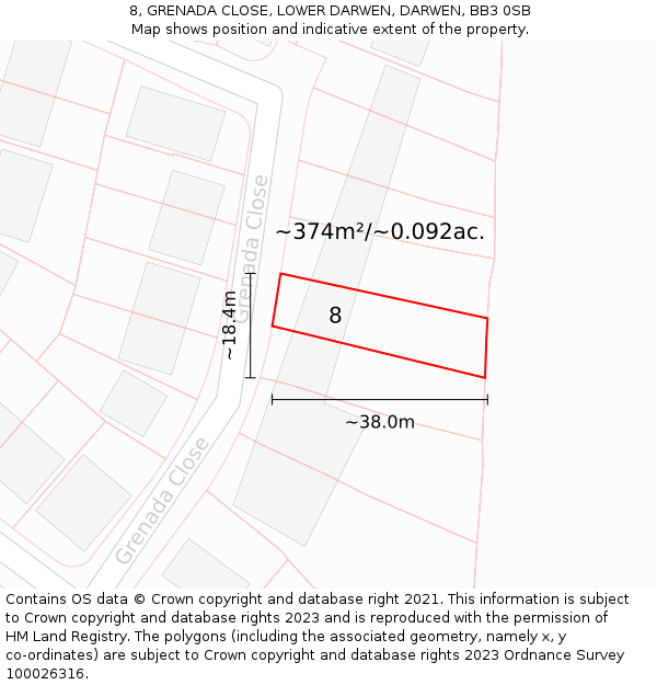 8, GRENADA CLOSE, LOWER DARWEN, DARWEN, BB3 0SB: Plot and title map