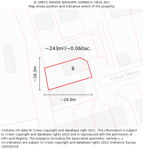 8, GREYS MANOR, BANHAM, NORWICH, NR16 2EU: Plot and title map