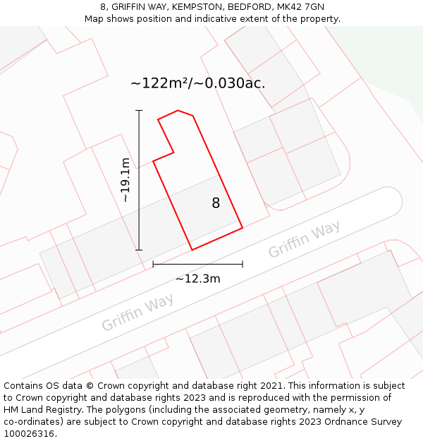 8, GRIFFIN WAY, KEMPSTON, BEDFORD, MK42 7GN: Plot and title map