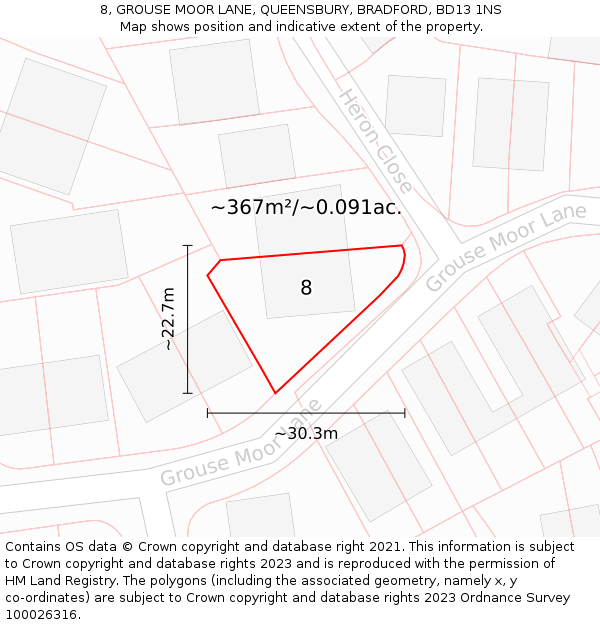 8, GROUSE MOOR LANE, QUEENSBURY, BRADFORD, BD13 1NS: Plot and title map