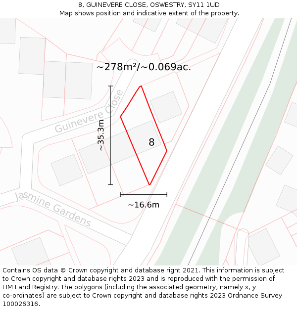 8, GUINEVERE CLOSE, OSWESTRY, SY11 1UD: Plot and title map