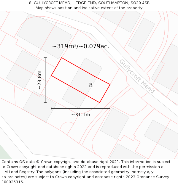 8, GULLYCROFT MEAD, HEDGE END, SOUTHAMPTON, SO30 4SR: Plot and title map