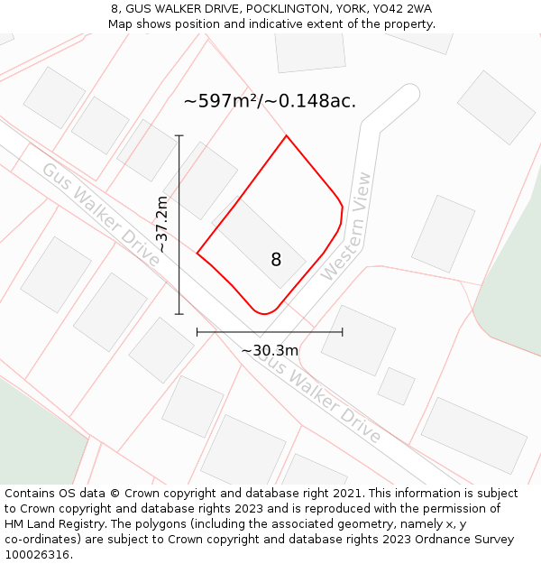 8, GUS WALKER DRIVE, POCKLINGTON, YORK, YO42 2WA: Plot and title map