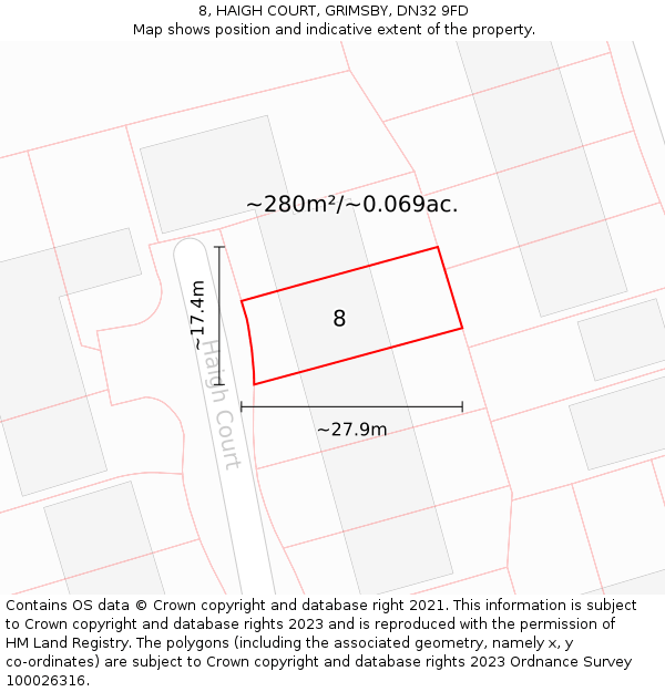 8, HAIGH COURT, GRIMSBY, DN32 9FD: Plot and title map