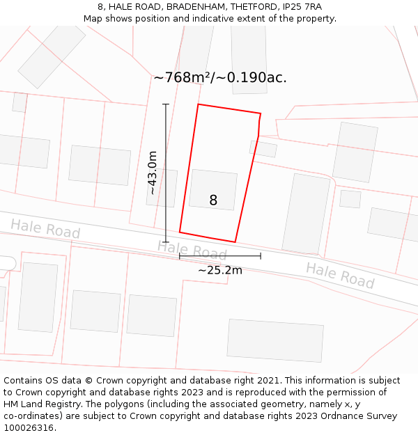 8, HALE ROAD, BRADENHAM, THETFORD, IP25 7RA: Plot and title map