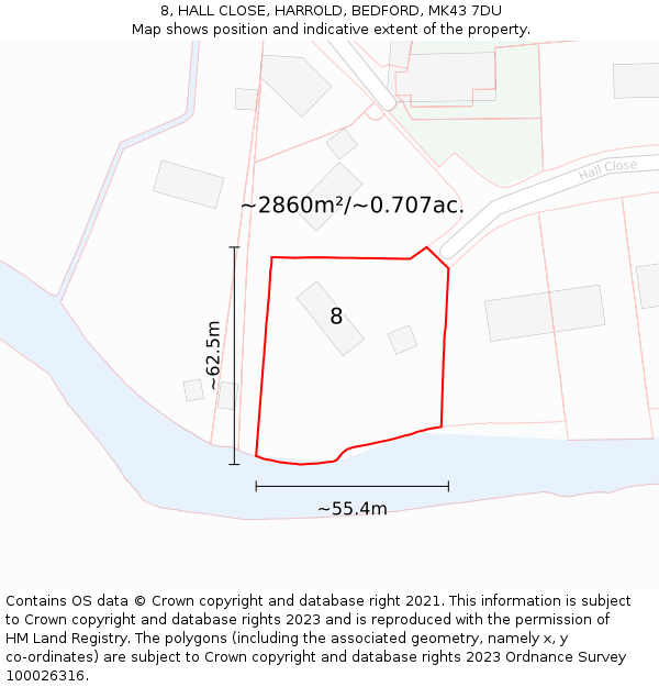 8, HALL CLOSE, HARROLD, BEDFORD, MK43 7DU: Plot and title map