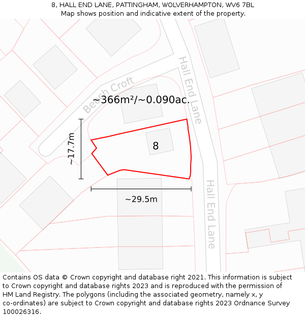 8, HALL END LANE, PATTINGHAM, WOLVERHAMPTON, WV6 7BL: Plot and title map