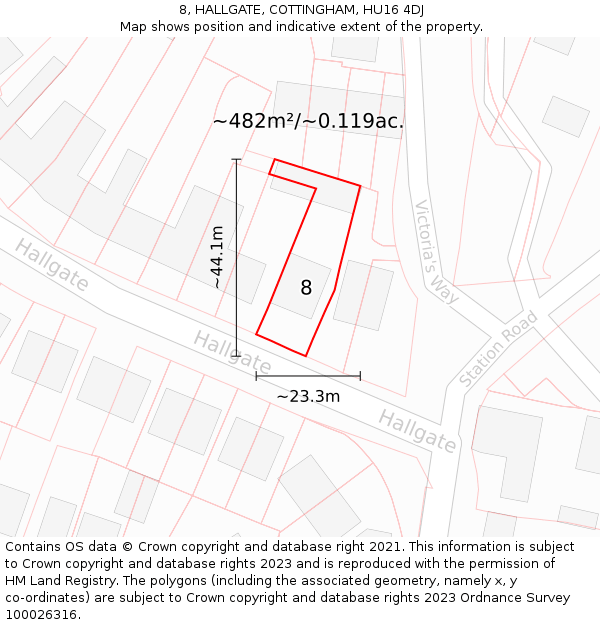 8, HALLGATE, COTTINGHAM, HU16 4DJ: Plot and title map