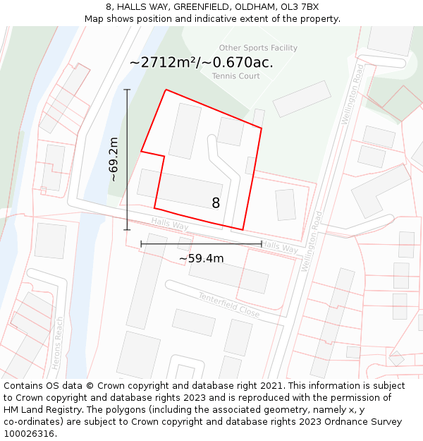 8, HALLS WAY, GREENFIELD, OLDHAM, OL3 7BX: Plot and title map