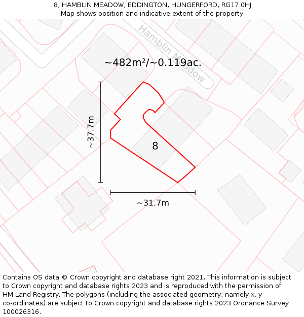 8, HAMBLIN MEADOW, EDDINGTON, HUNGERFORD, RG17 0HJ: Plot and title map