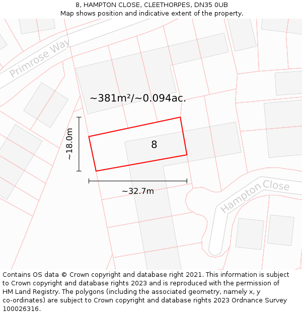 8, HAMPTON CLOSE, CLEETHORPES, DN35 0UB: Plot and title map