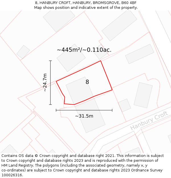 8, HANBURY CROFT, HANBURY, BROMSGROVE, B60 4BF: Plot and title map