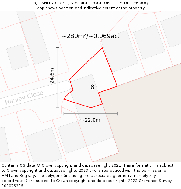 8, HANLEY CLOSE, STALMINE, POULTON-LE-FYLDE, FY6 0QQ: Plot and title map