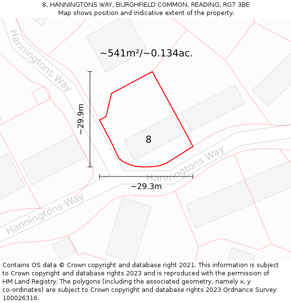 8, HANNINGTONS WAY, BURGHFIELD COMMON, READING, RG7 3BE: Plot and title map