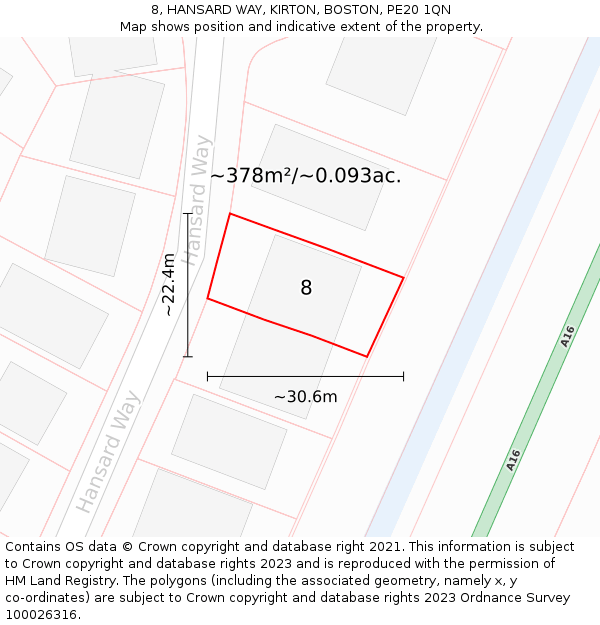 8, HANSARD WAY, KIRTON, BOSTON, PE20 1QN: Plot and title map