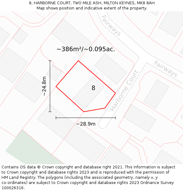 8, HARBORNE COURT, TWO MILE ASH, MILTON KEYNES, MK8 8AH: Plot and title map