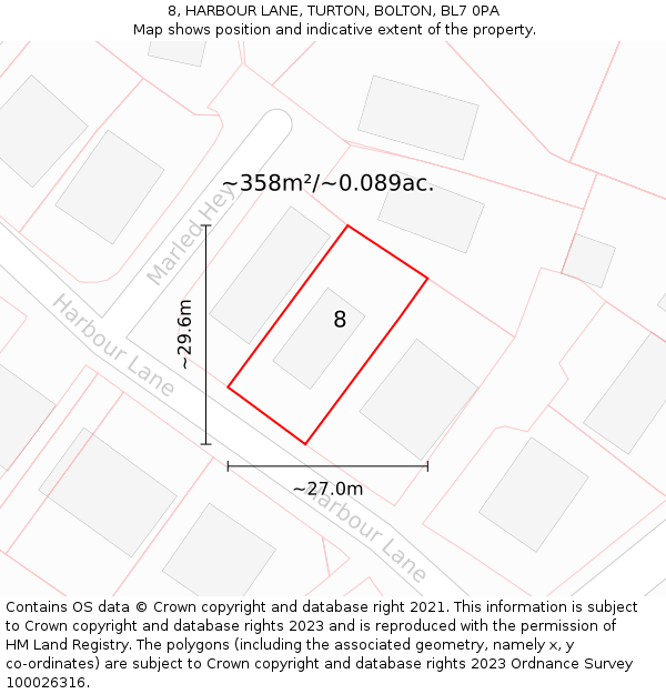 8, HARBOUR LANE, TURTON, BOLTON, BL7 0PA: Plot and title map