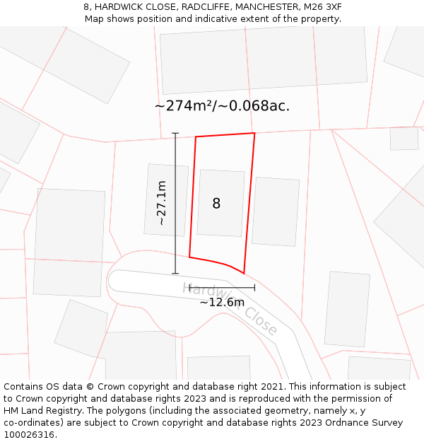 8, HARDWICK CLOSE, RADCLIFFE, MANCHESTER, M26 3XF: Plot and title map