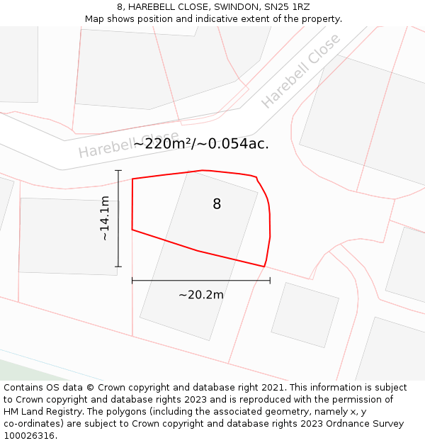 8, HAREBELL CLOSE, SWINDON, SN25 1RZ: Plot and title map