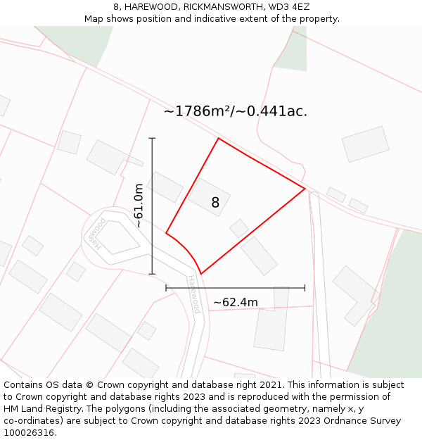 8, HAREWOOD, RICKMANSWORTH, WD3 4EZ: Plot and title map