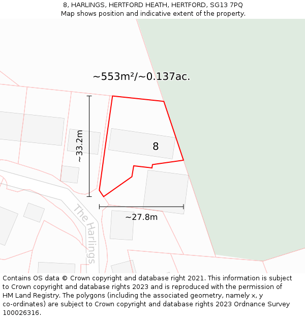 8, HARLINGS, HERTFORD HEATH, HERTFORD, SG13 7PQ: Plot and title map