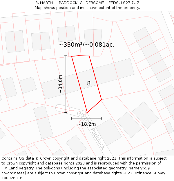 8, HARTHILL PADDOCK, GILDERSOME, LEEDS, LS27 7UZ: Plot and title map