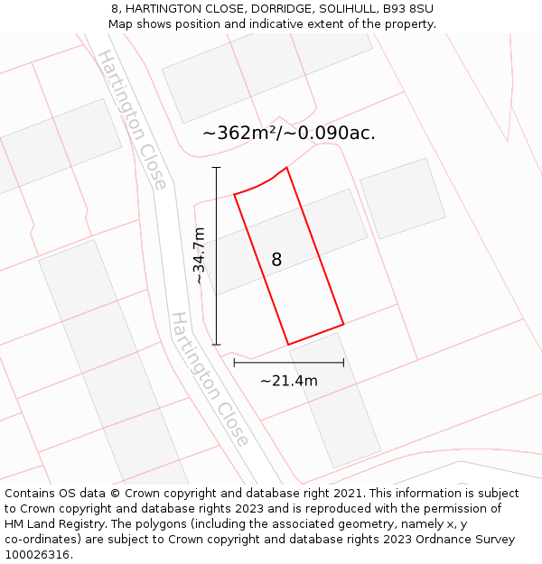 8, HARTINGTON CLOSE, DORRIDGE, SOLIHULL, B93 8SU: Plot and title map