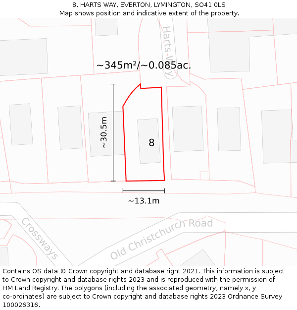 8, HARTS WAY, EVERTON, LYMINGTON, SO41 0LS: Plot and title map