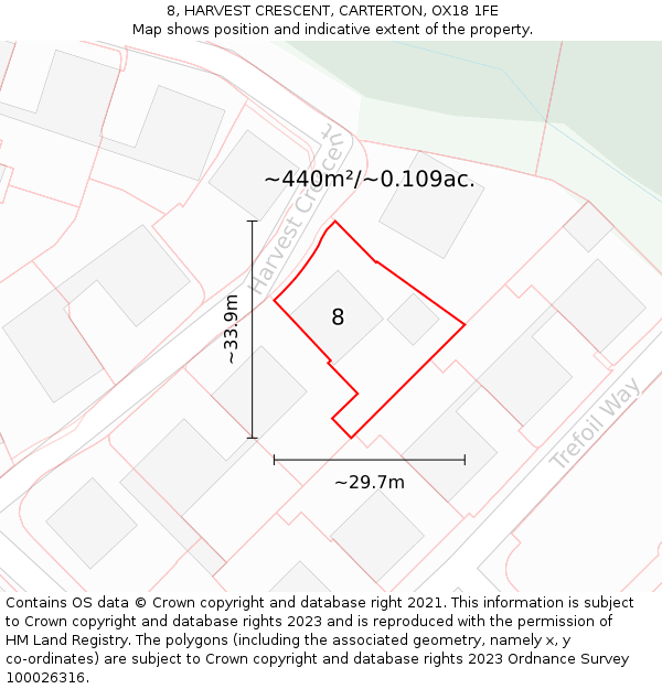 8, HARVEST CRESCENT, CARTERTON, OX18 1FE: Plot and title map