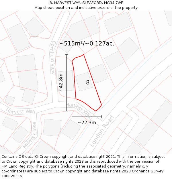 8, HARVEST WAY, SLEAFORD, NG34 7WE: Plot and title map