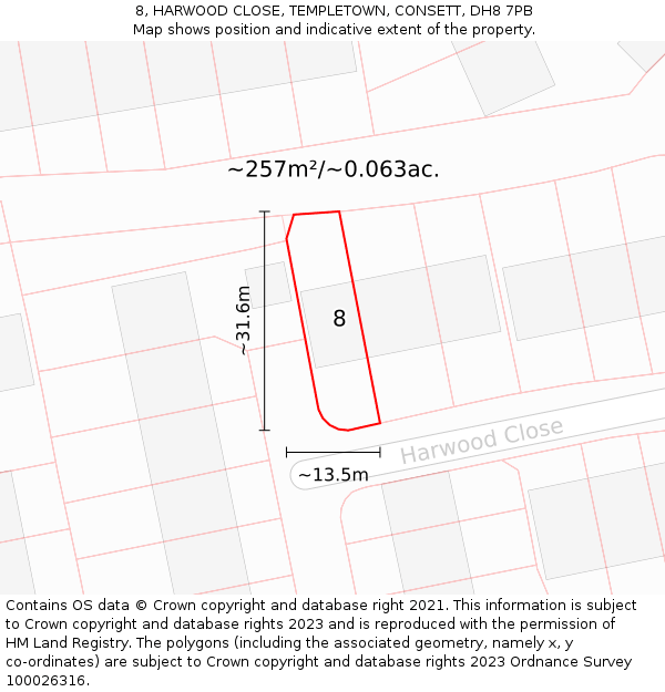 8, HARWOOD CLOSE, TEMPLETOWN, CONSETT, DH8 7PB: Plot and title map