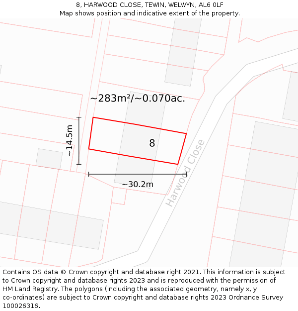 8, HARWOOD CLOSE, TEWIN, WELWYN, AL6 0LF: Plot and title map