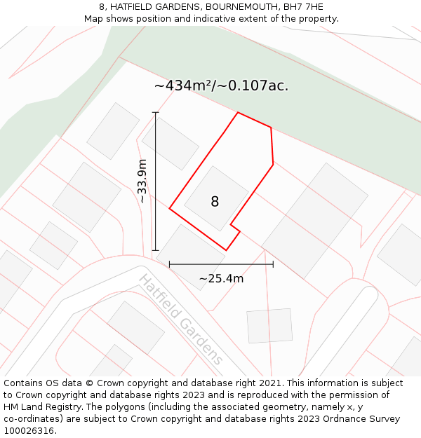 8, HATFIELD GARDENS, BOURNEMOUTH, BH7 7HE: Plot and title map