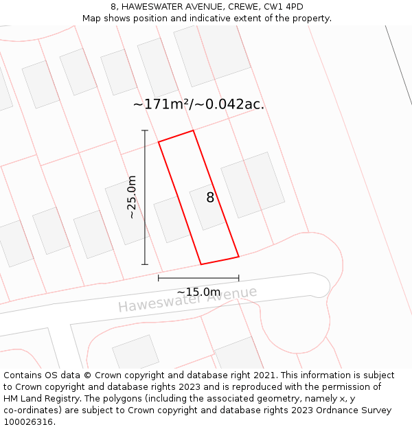 8, HAWESWATER AVENUE, CREWE, CW1 4PD: Plot and title map