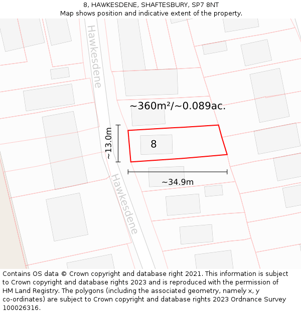 8, HAWKESDENE, SHAFTESBURY, SP7 8NT: Plot and title map