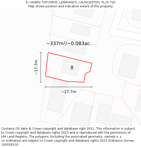 8, HAWKS TOR DRIVE, LEWANNICK, LAUNCESTON, PL15 7QY: Plot and title map